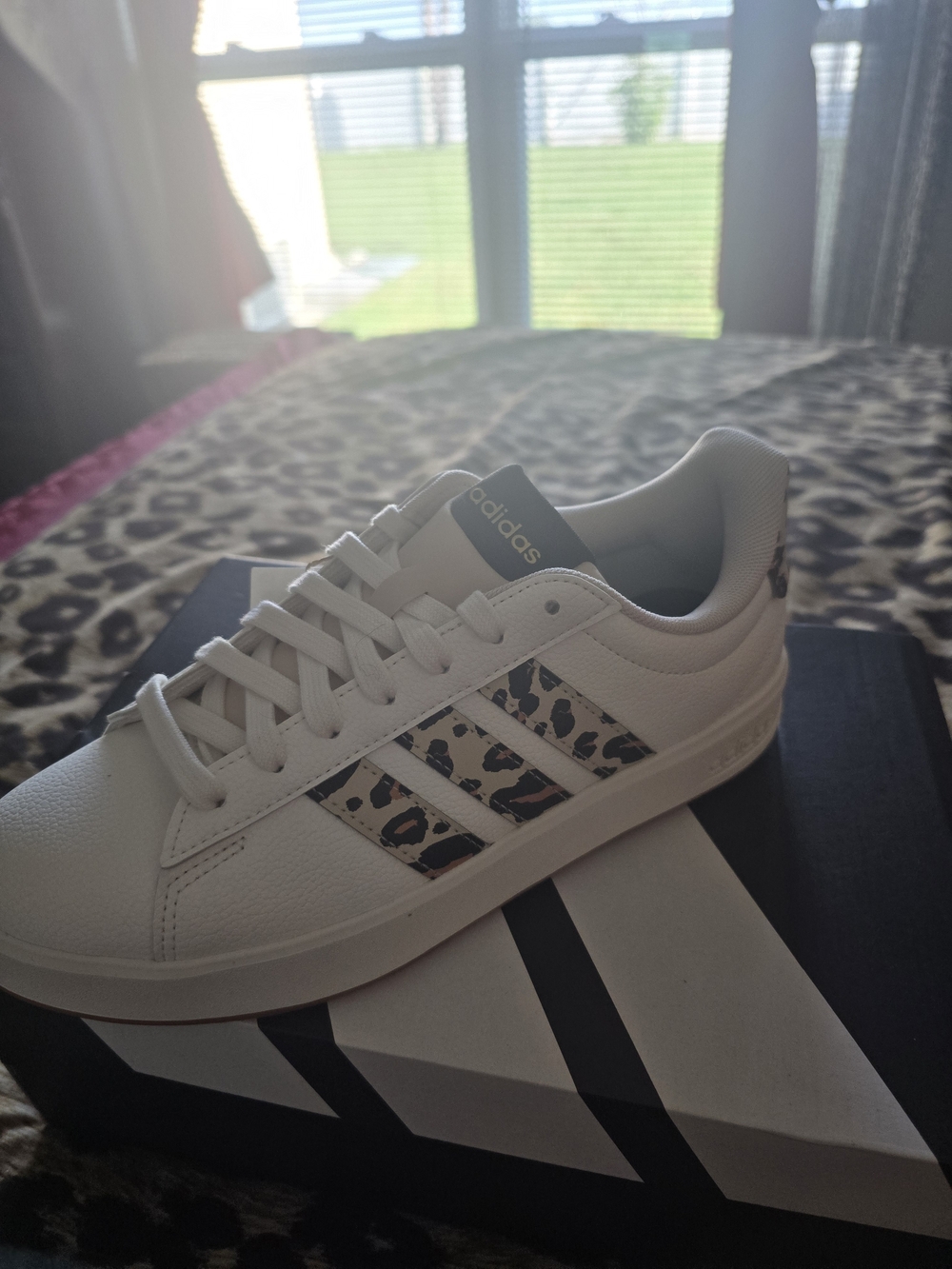 adidas White Sneakers with Leopard-Print Stripes